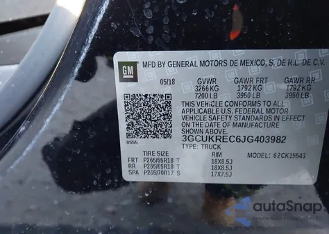 2018 Chevrolet Silverado 1500 2Lt из США, поврежденный, VIN 3GCUKREC6JG403982